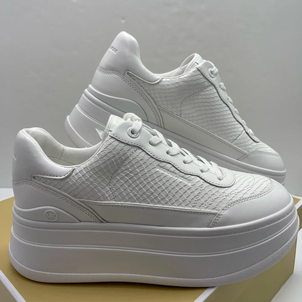 MICHAEL Kors All-White Platform Sneakers HAYES LACE UP EMBOSSED PRINTED LEATHER